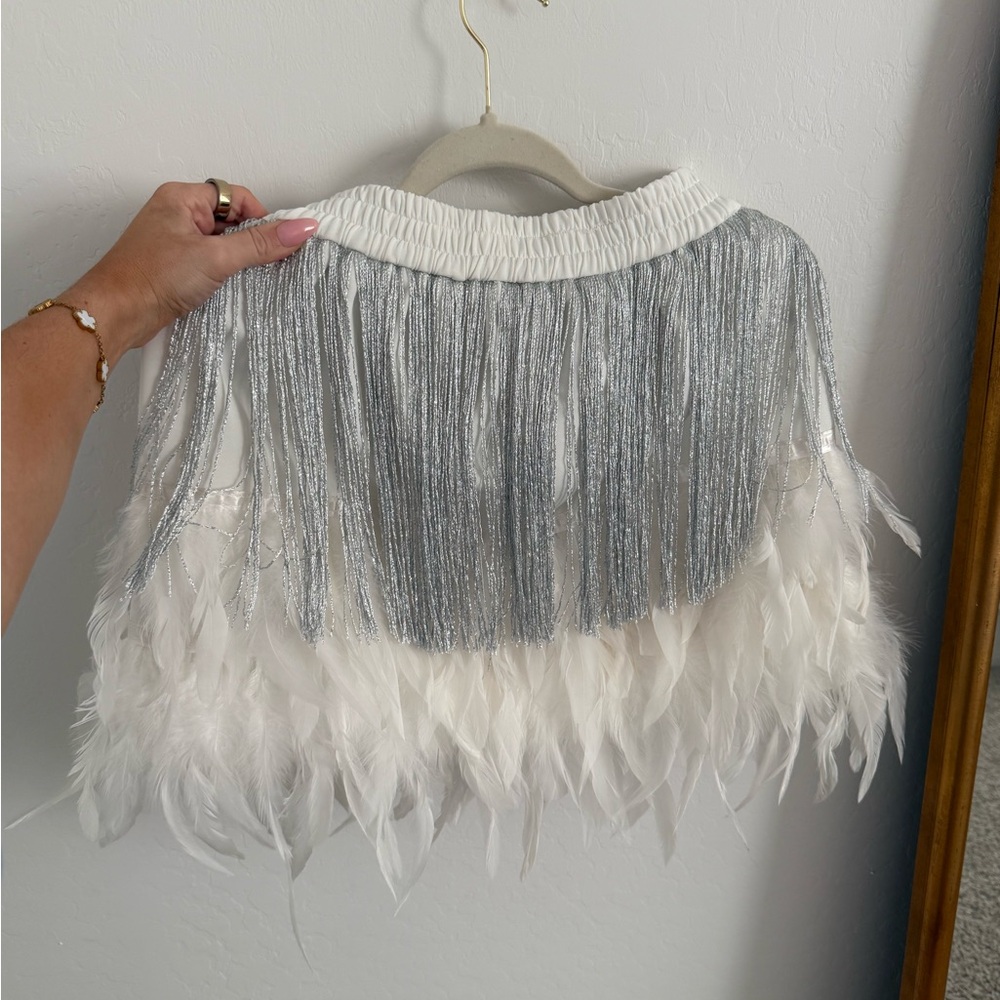 Zara Silver and White Feather Fringe Mini Skirt